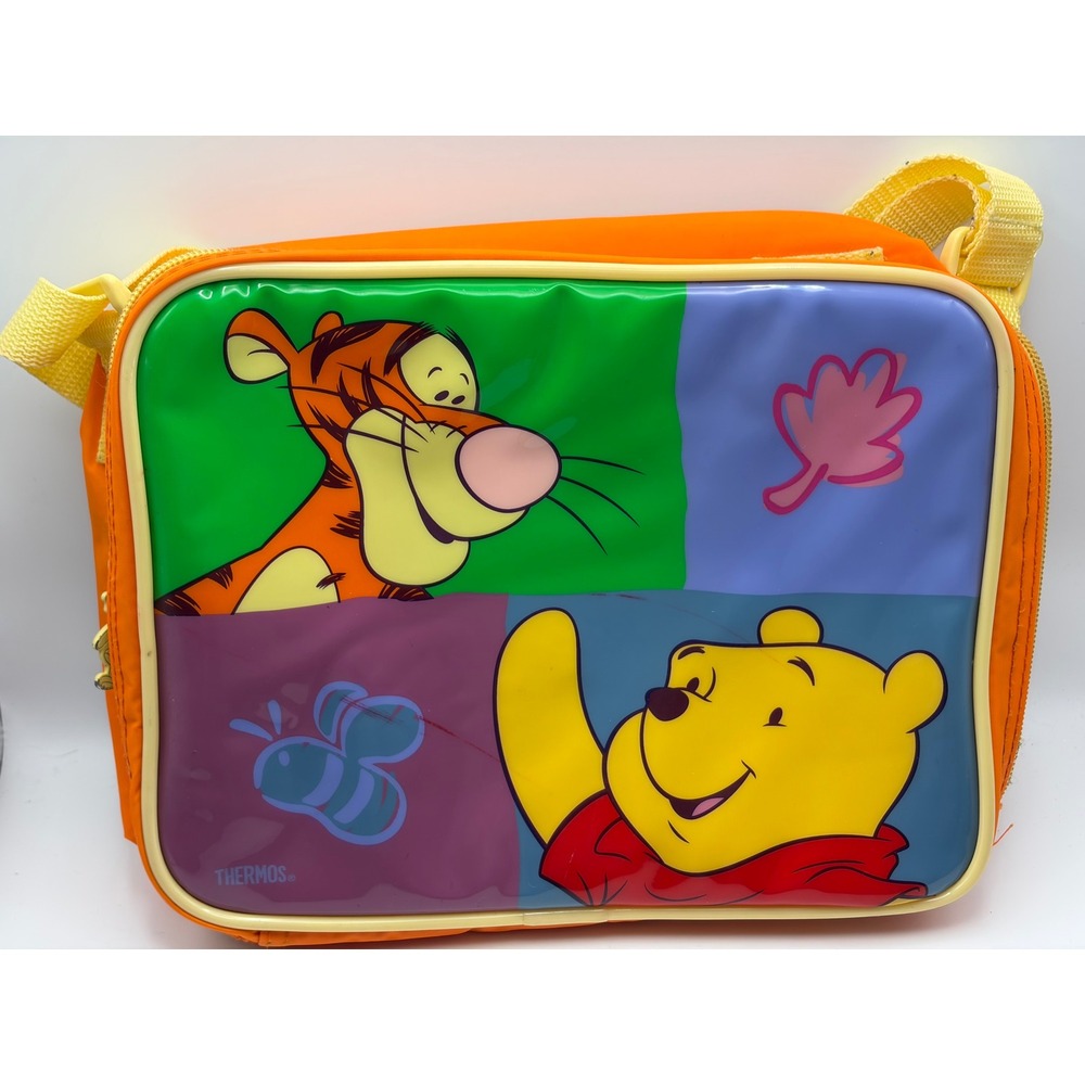 Vintage Disney Winnie the Pooh Tigger Eeyore Thermos Lunch Box Orange Bag 200226